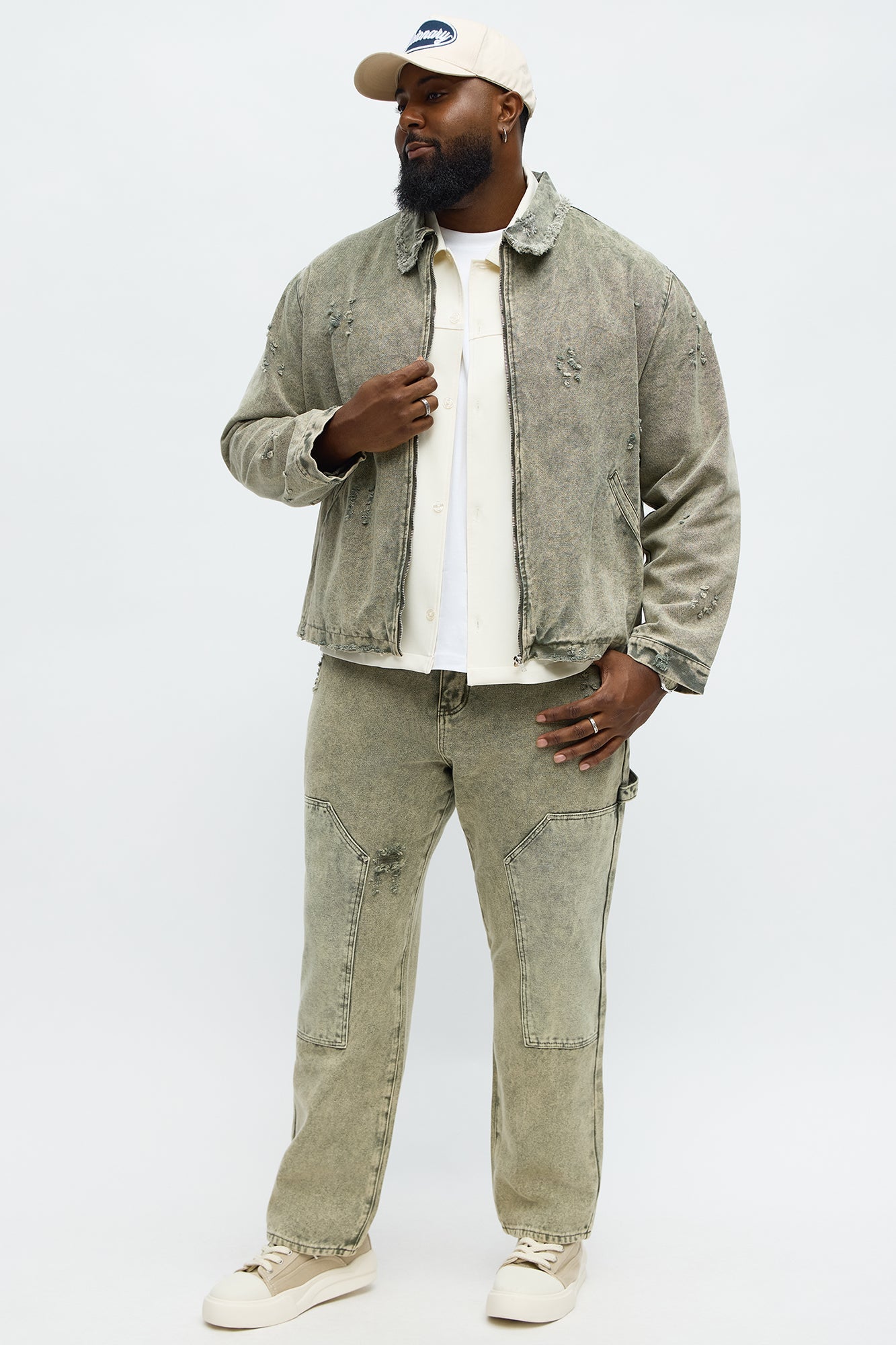 Relaxed Distressed Frayed Work Jacket - Olive