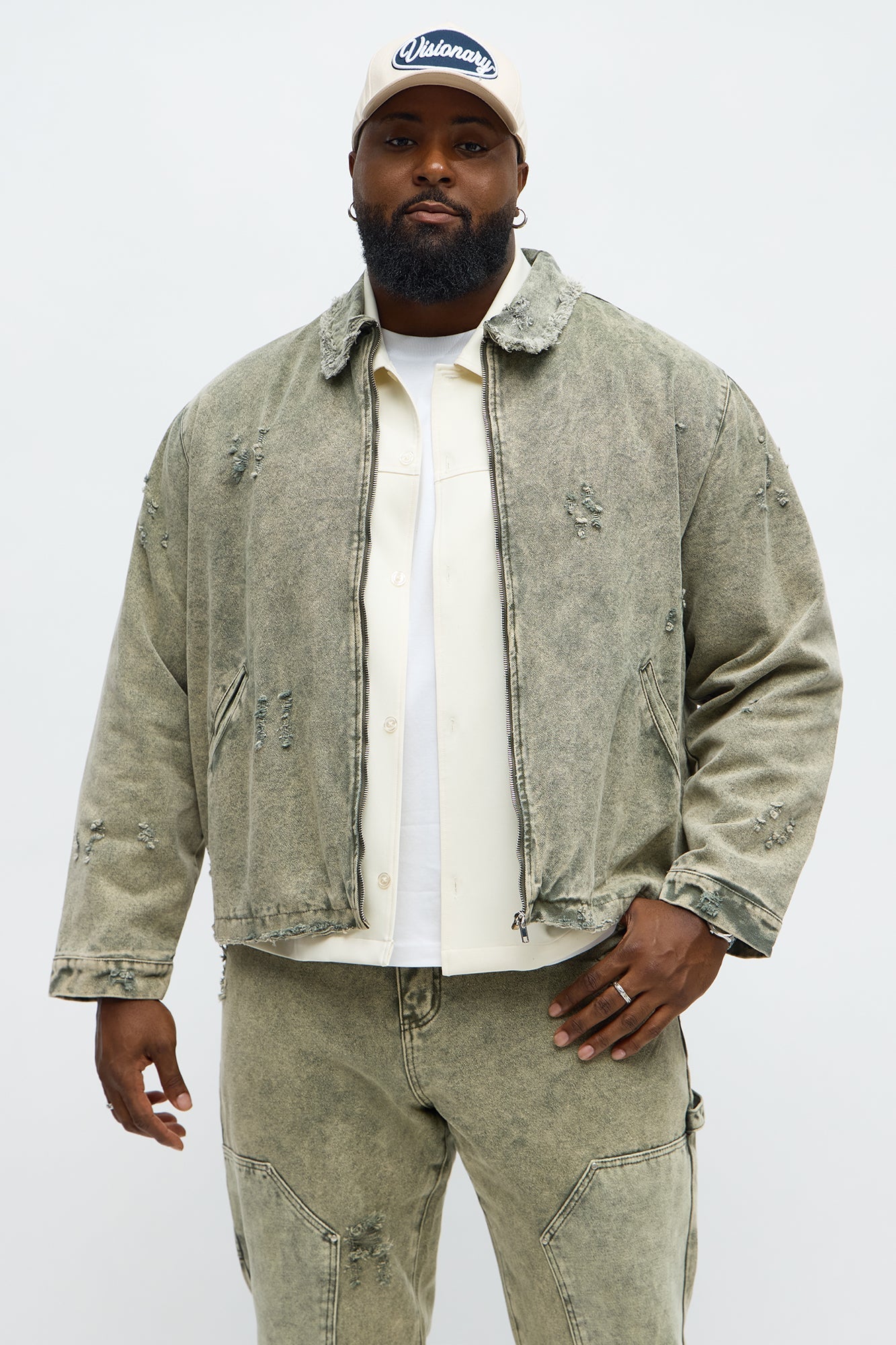 Relaxed Distressed Frayed Work Jacket - Olive