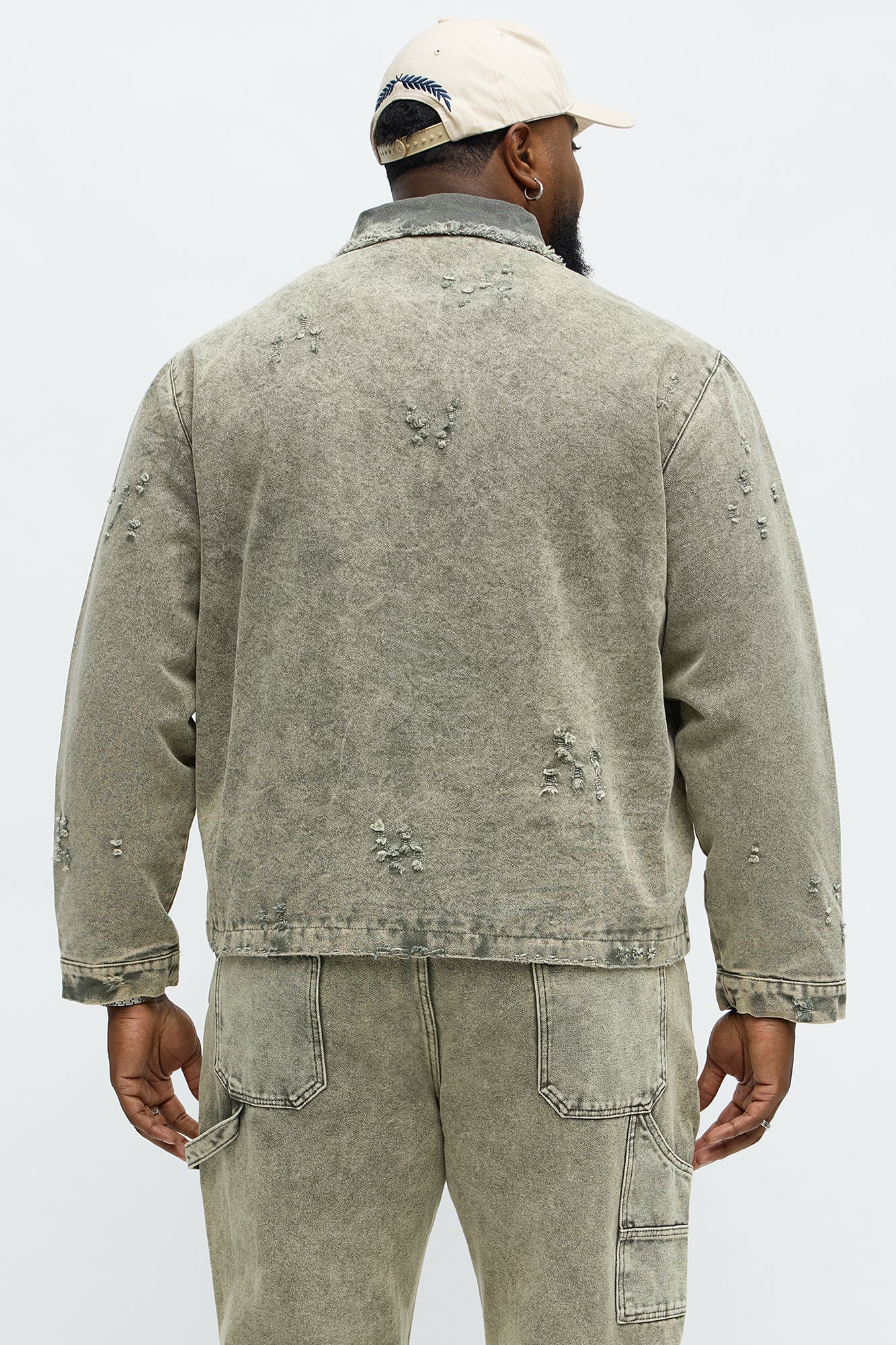 Relaxed Distressed Frayed Work Jacket - Olive