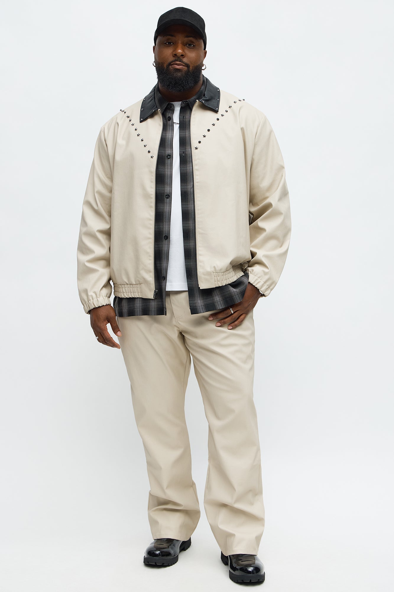 Studded Star Faux Leather Work Jacket - Taupe