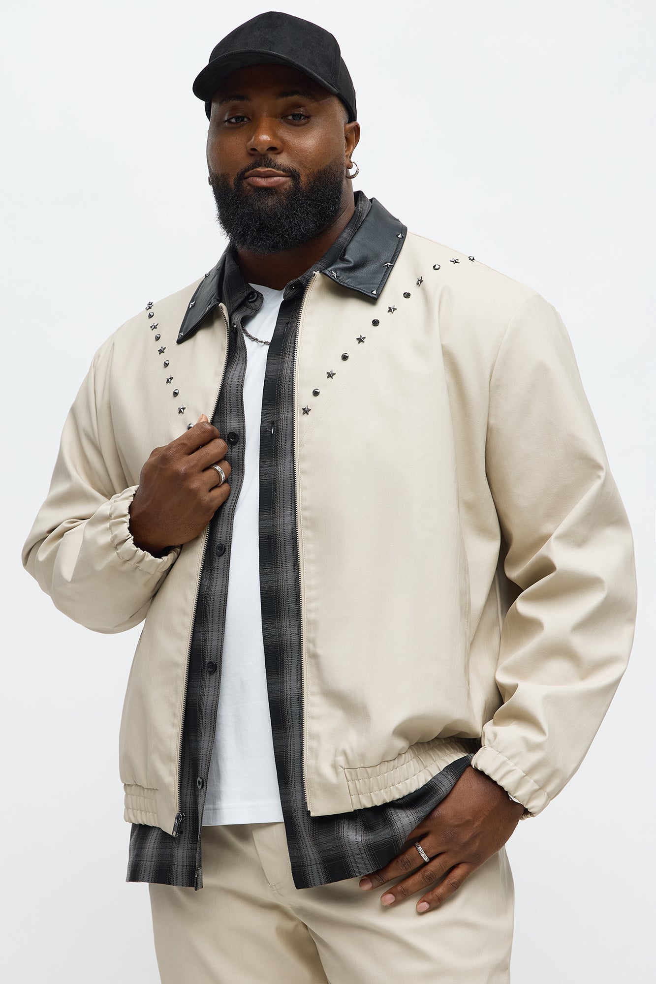 Studded Star Faux Leather Work Jacket - Taupe