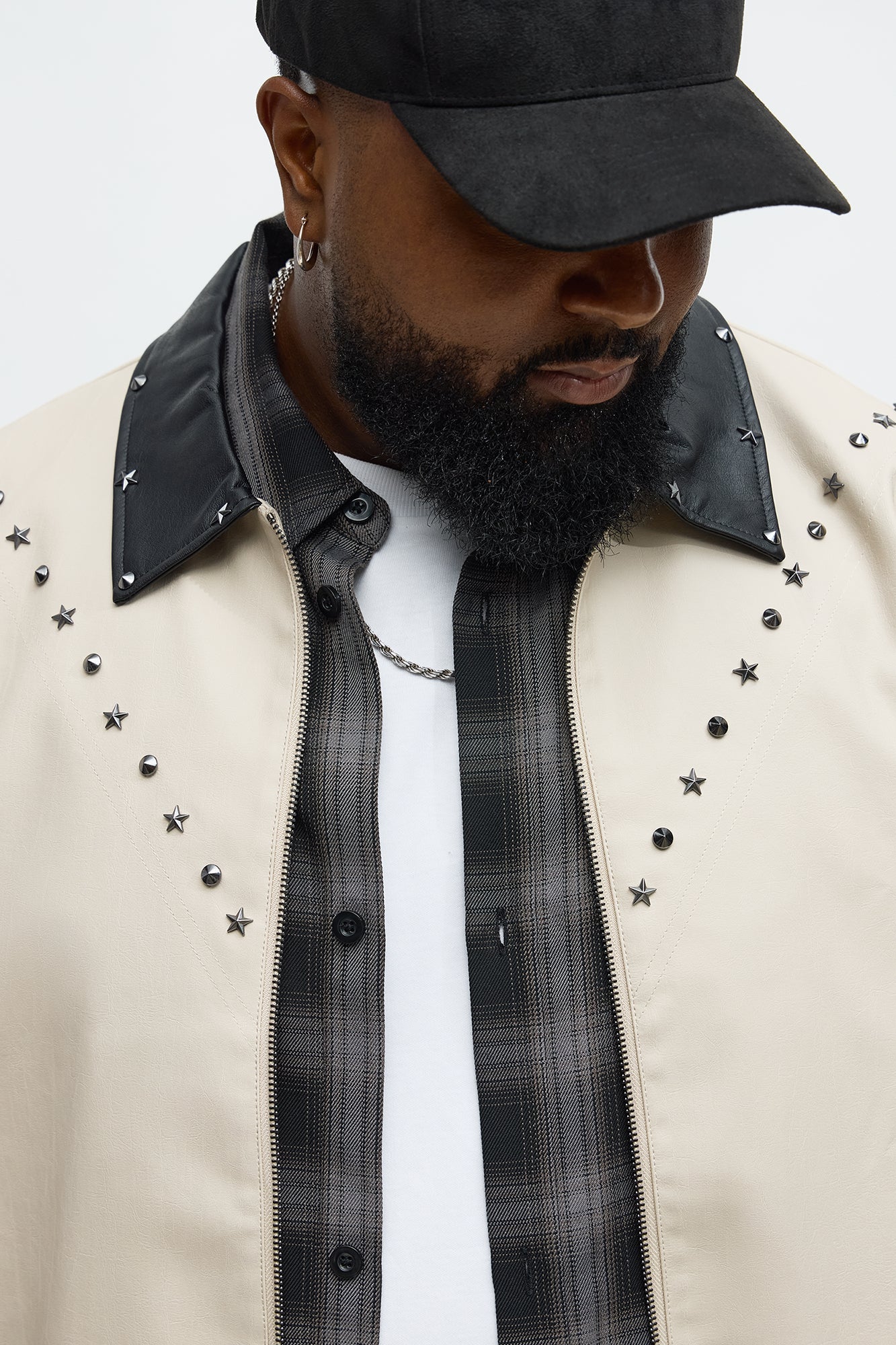 Studded Star Faux Leather Work Jacket - Taupe