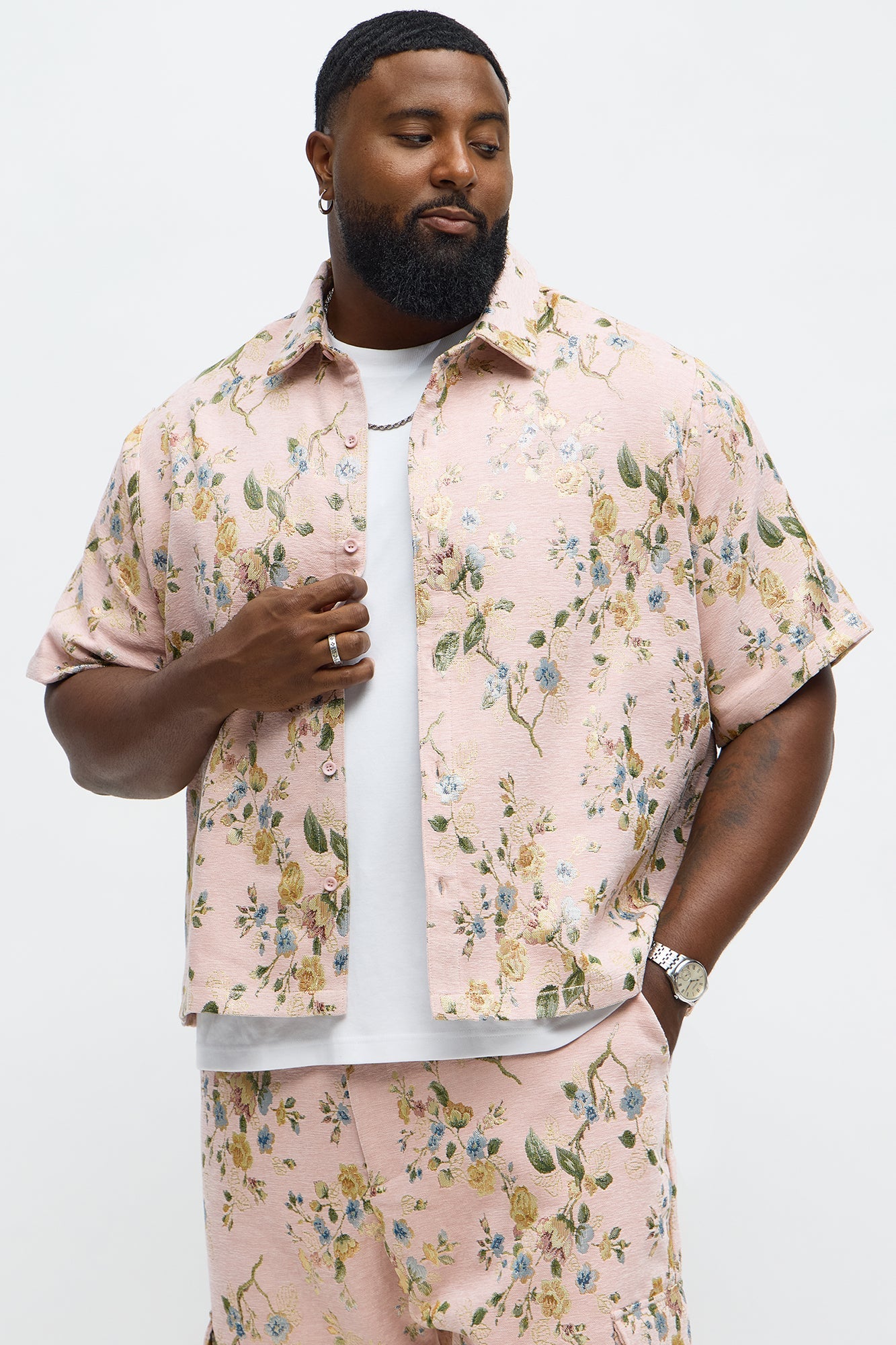 Cropped Blooming Button Up Shirt - Pink