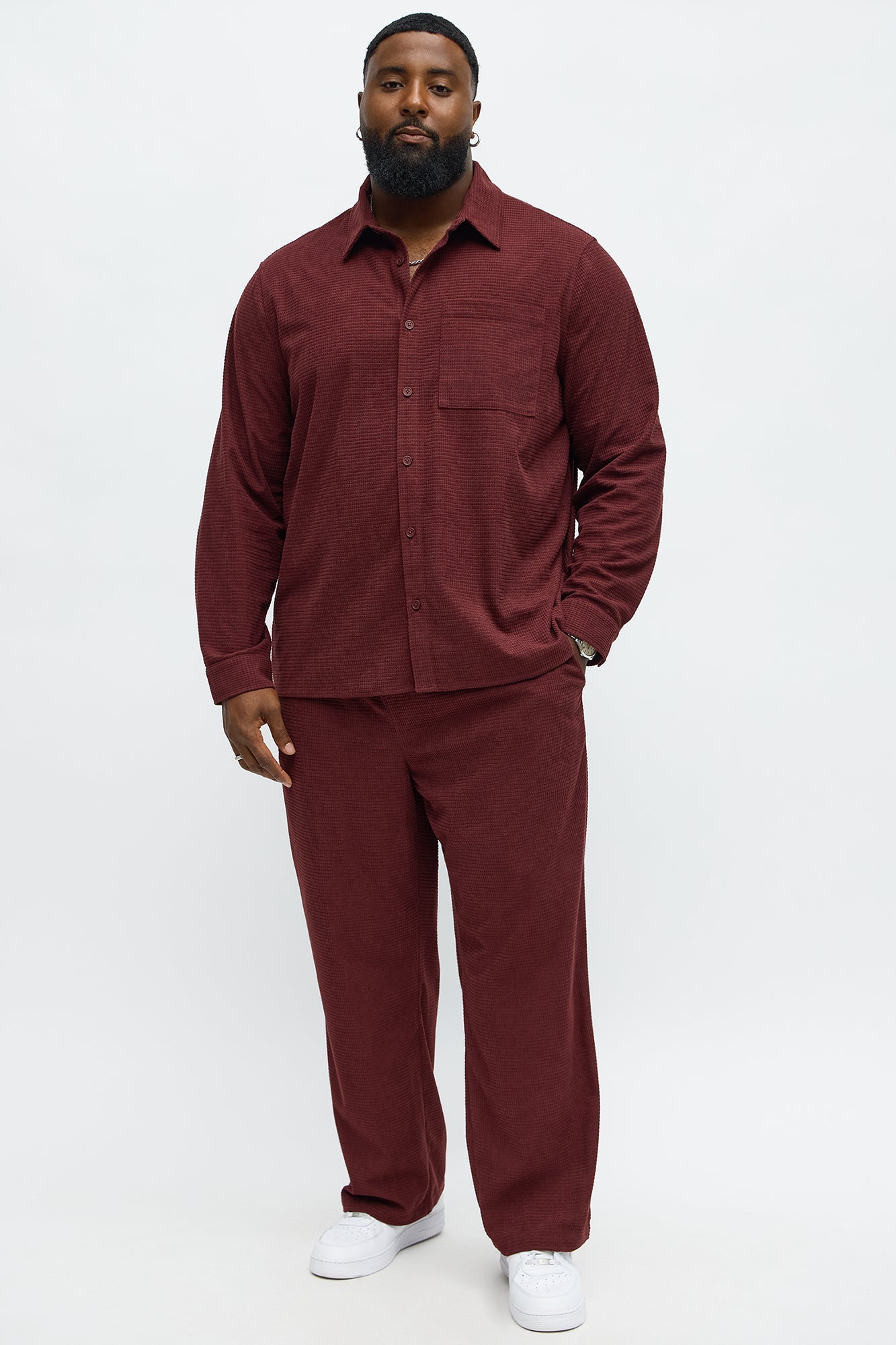 Slow Burn Textured Long Sleeve Button Up Shirt - Burgundy