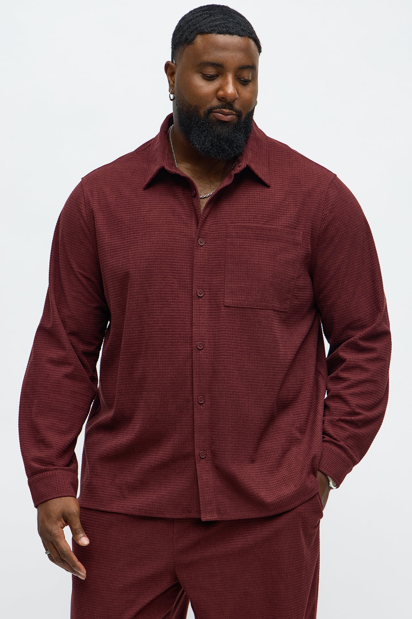 Slow Burn Textured Long Sleeve Button Up Shirt - Burgundy
