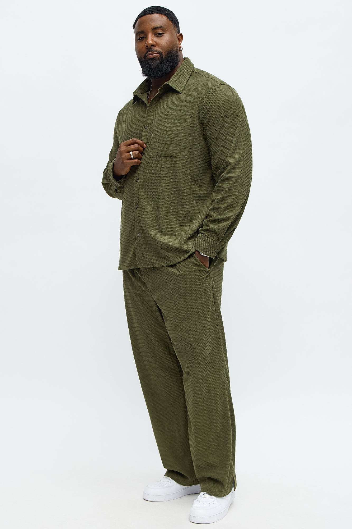 Slow Burn Textured Long Sleeve Button Up Shirt - Olive