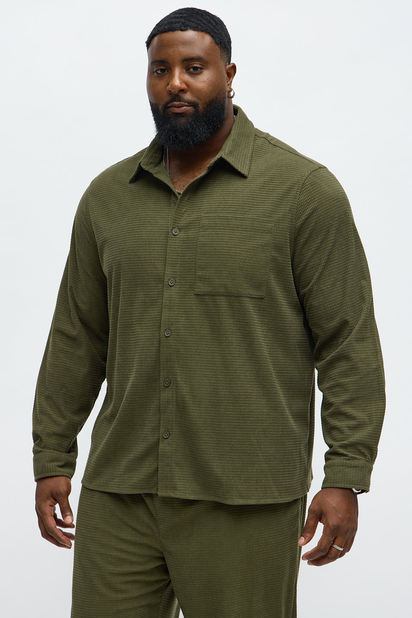 Slow Burn Textured Long Sleeve Button Up Shirt - Olive