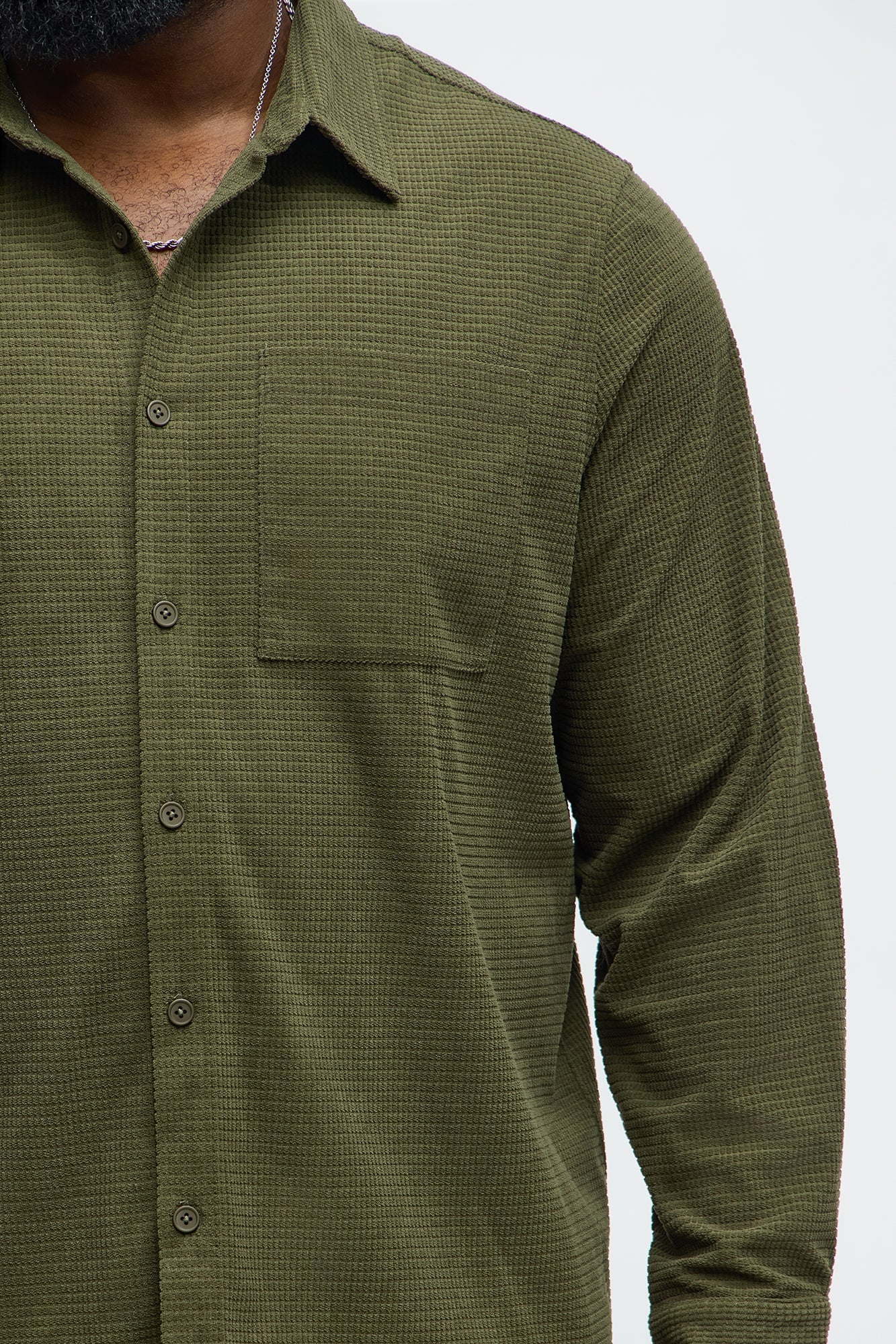 Slow Burn Textured Long Sleeve Button Up Shirt - Olive