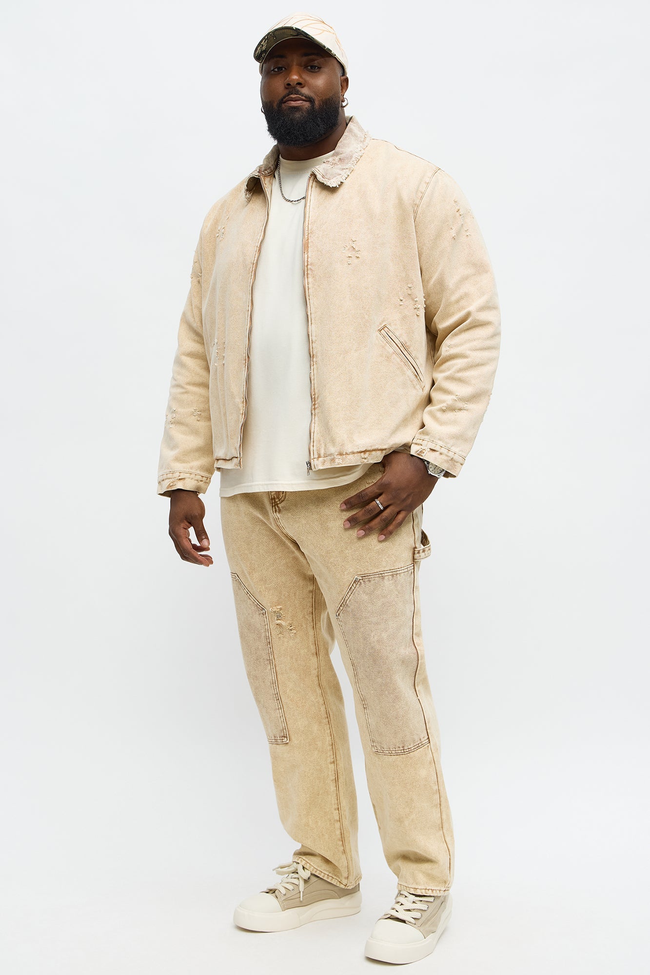 Relaxed Distressed Frayed Work Jacket - Tan