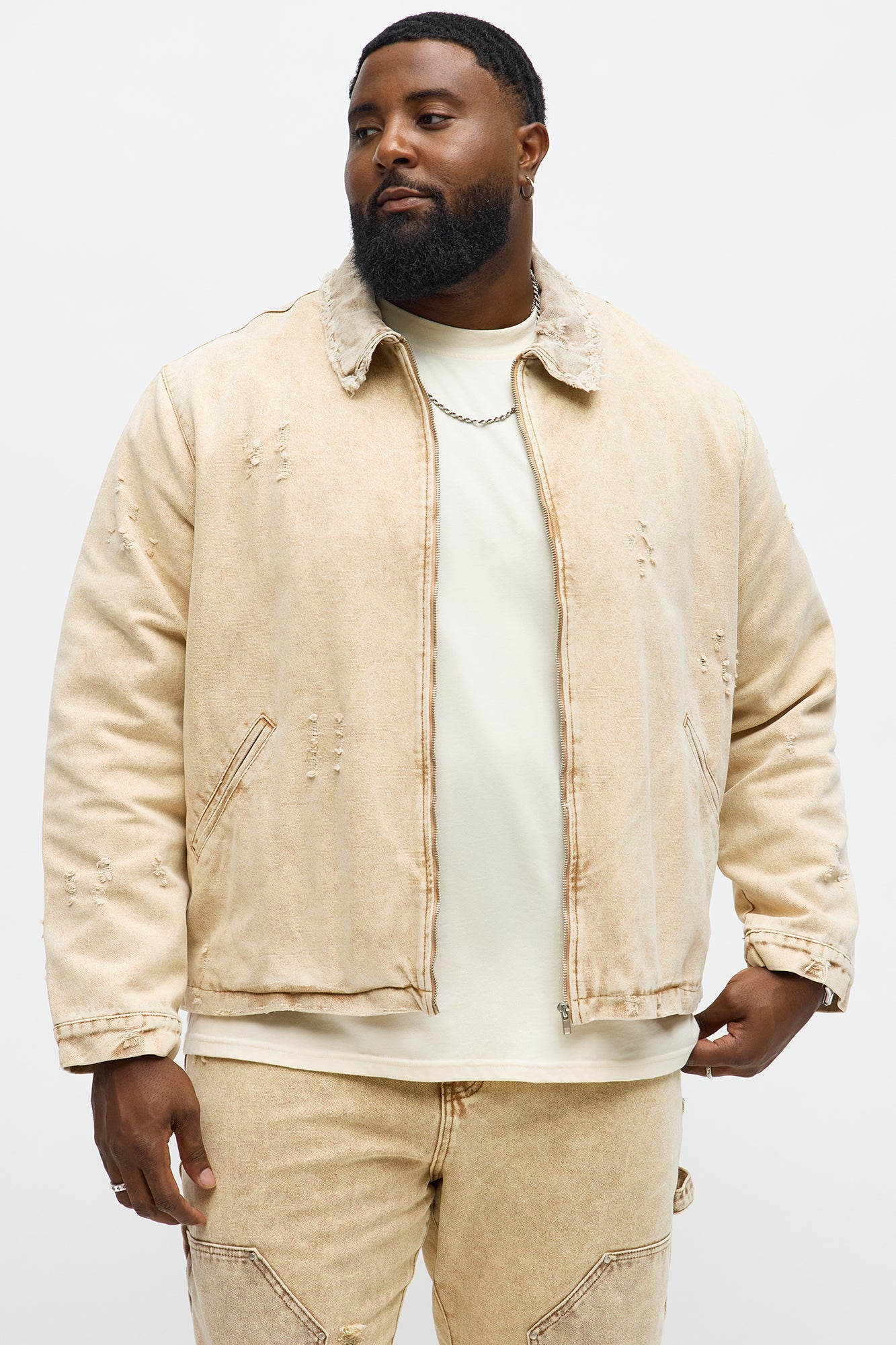 Relaxed Distressed Frayed Work Jacket - Tan