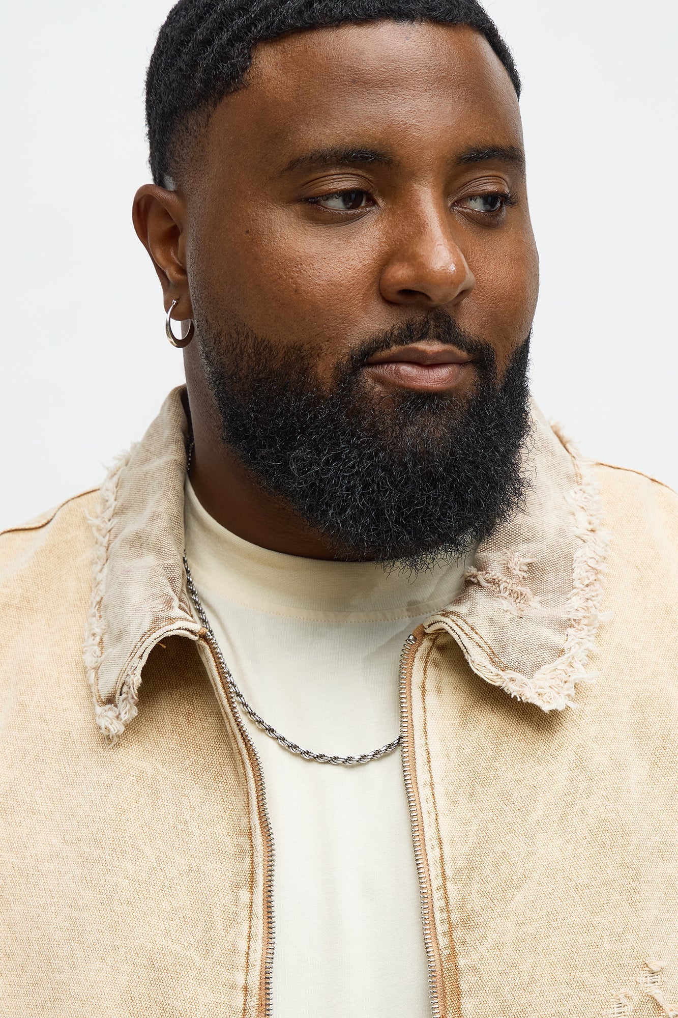 Relaxed Distressed Frayed Work Jacket - Tan