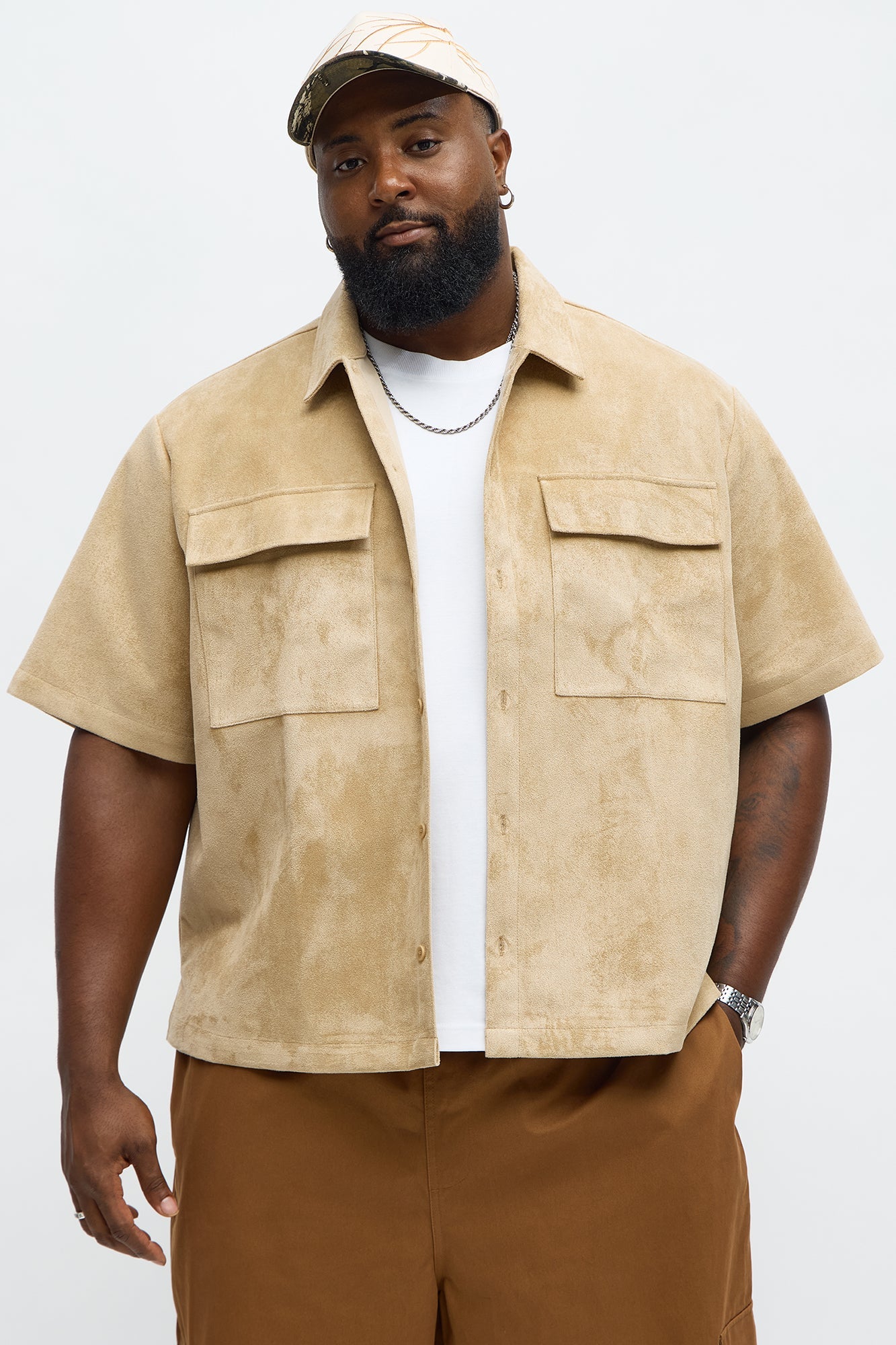 Relaxed Brushed Double Pocket Button Up Shirt - Tan