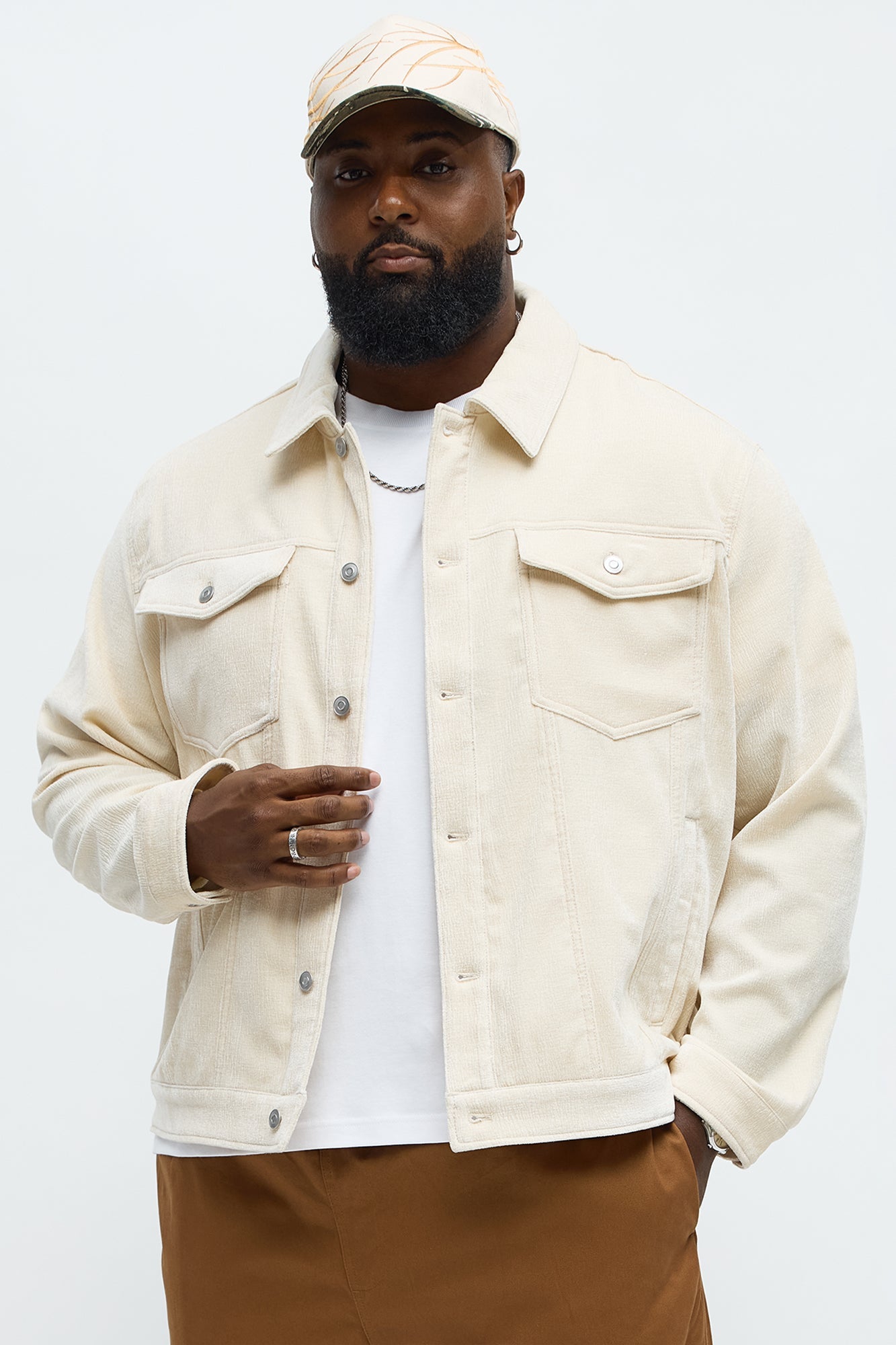 Textured Heathered Velvet Trucker Jacket - Cream