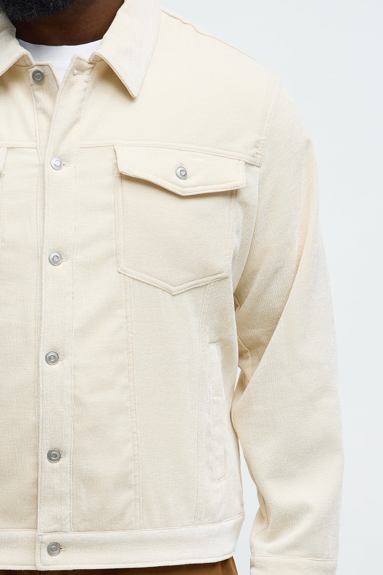 Textured Heathered Velvet Trucker Jacket - Cream