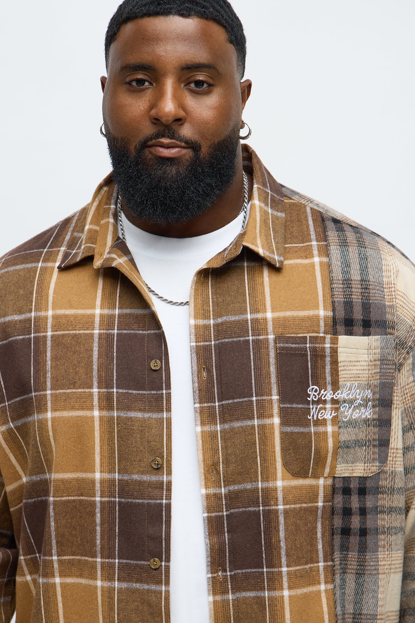 Patchwork Flannel Button Up Shirt - Brown Combo