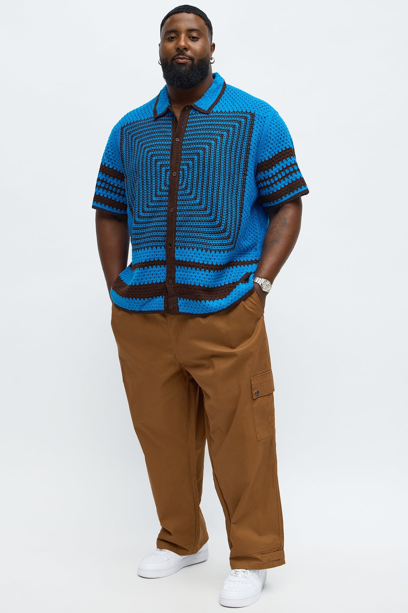 Kilim Geo Crochet Knit Shirt - Blue/combo