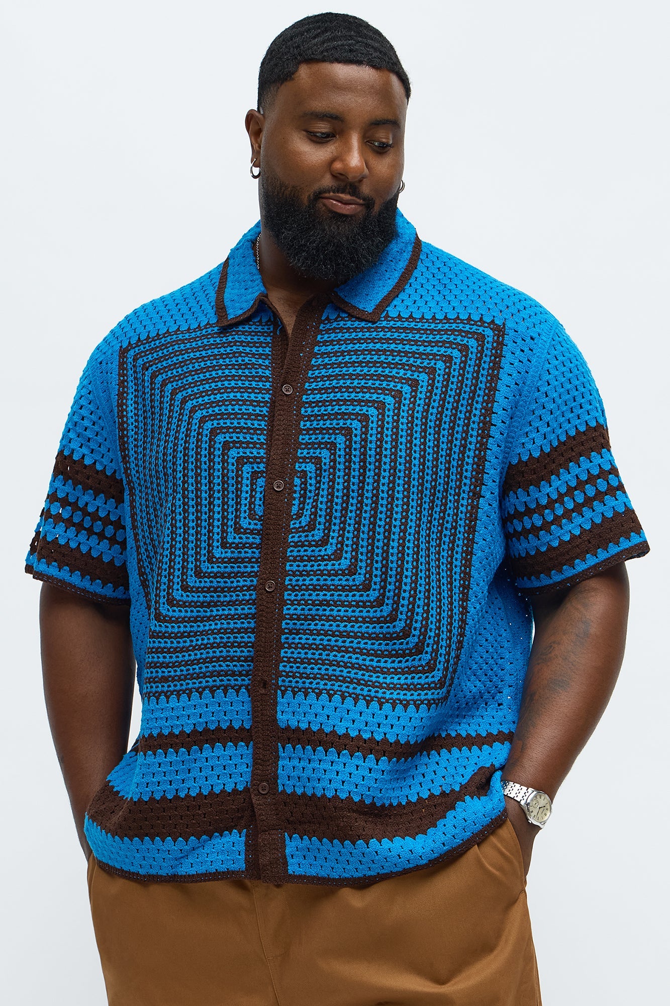 Kilim Geo Crochet Knit Shirt - Blue/combo