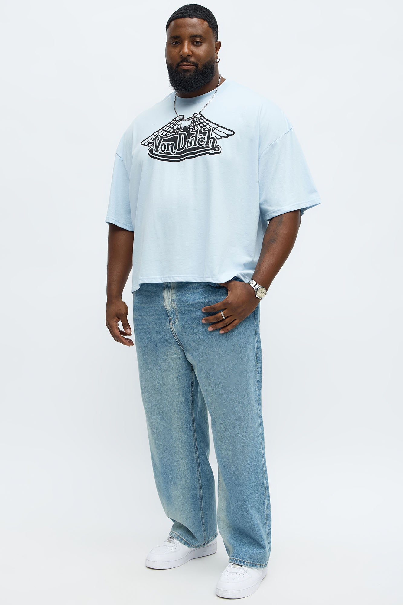 Oversized Cropped Von Dutch Classic Wings Tee - Light Blue