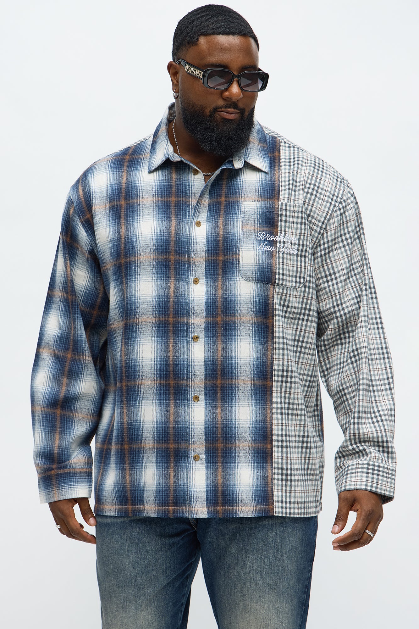 Patchwork Flannel Button Up Shirt - Blue/combo