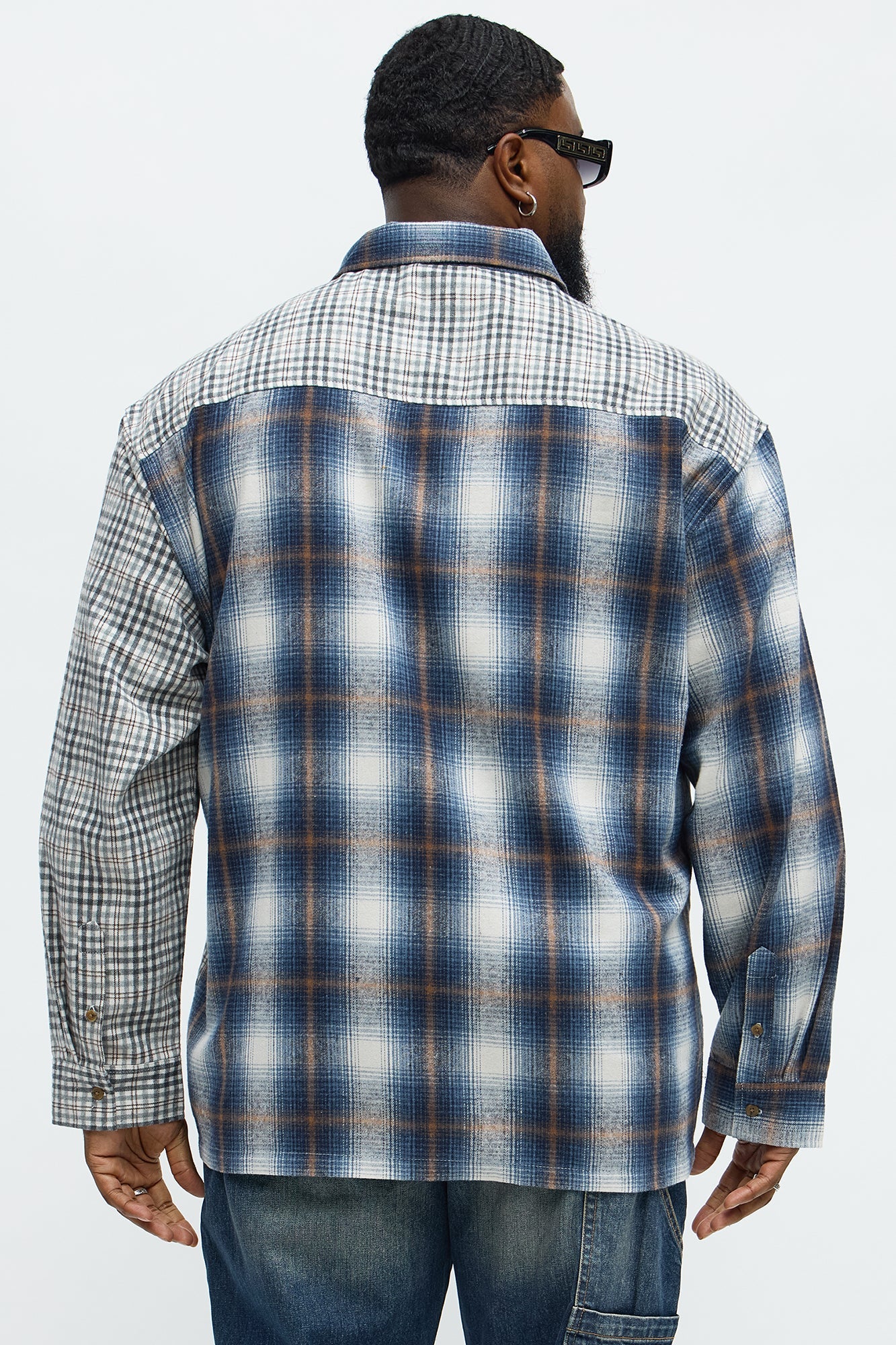 Patchwork Flannel Button Up Shirt - Blue/combo