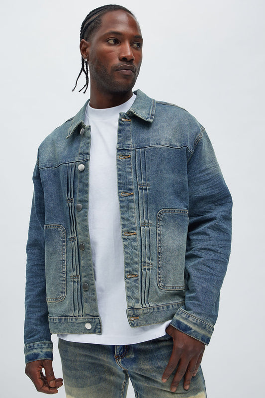 Patrick Pleated Trucker Jacket - Vintage Blue Wash