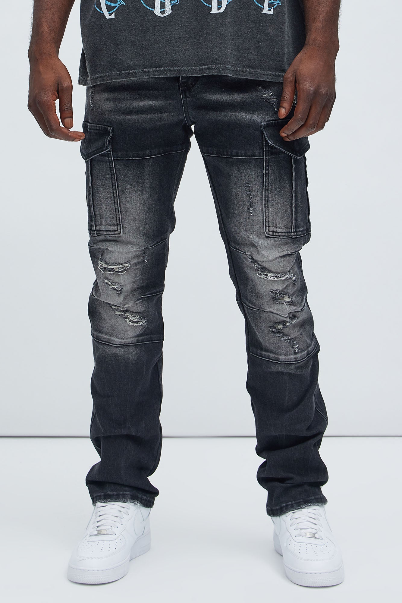 Call On Me Distressed Cargo Slim Jeans - Black Wash