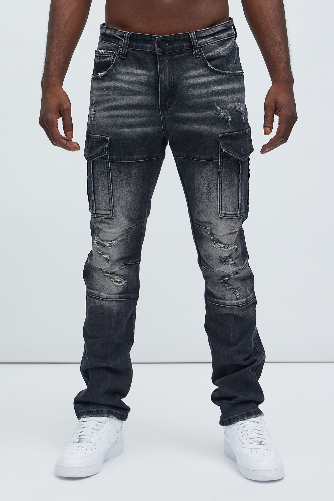 Call On Me Distressed Cargo Slim Jeans - Black Wash