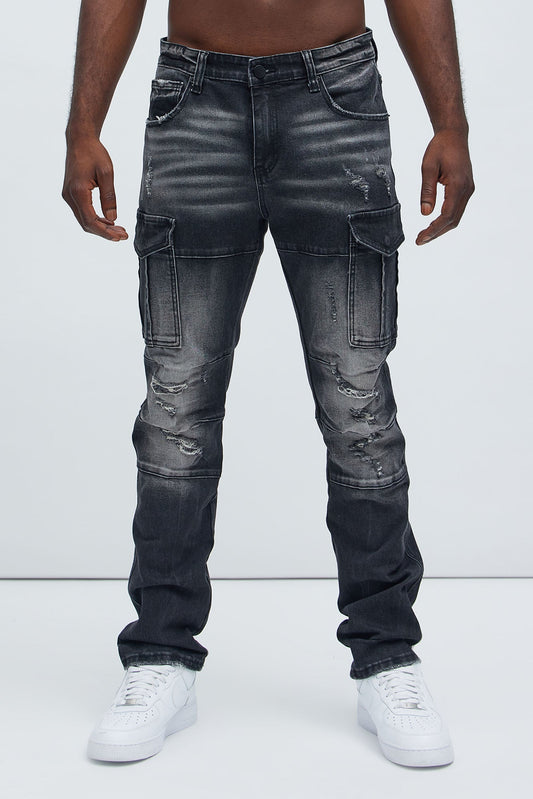 Call On Me Distressed Cargo Slim Jeans - Black Wash