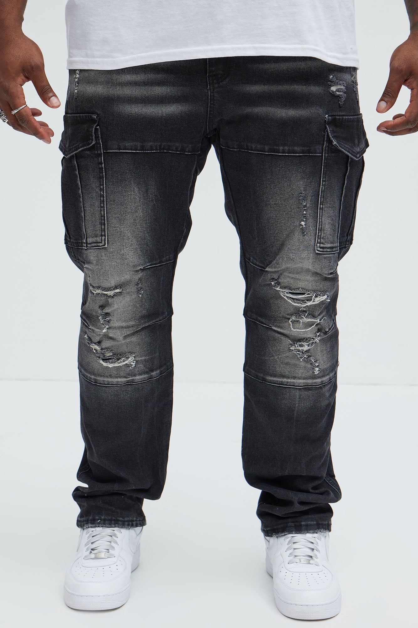 Call On Me Distressed Cargo Slim Jeans - Black Wash