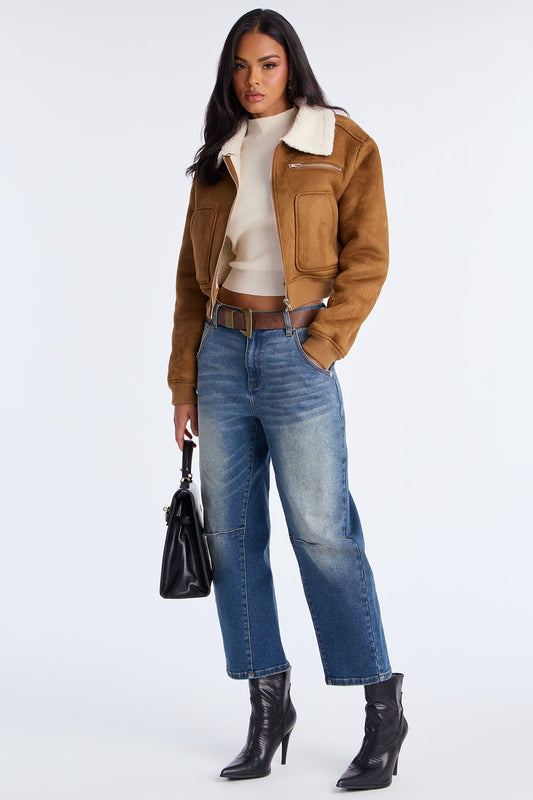 Jasmine Faux Suede Bomber Jacket - Camel