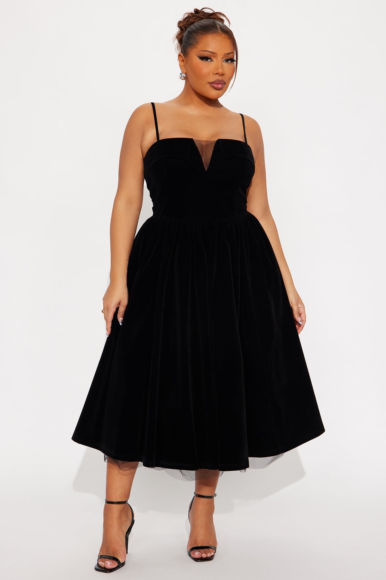 Viola Contrast Trim Velvet Midi Dress - Black