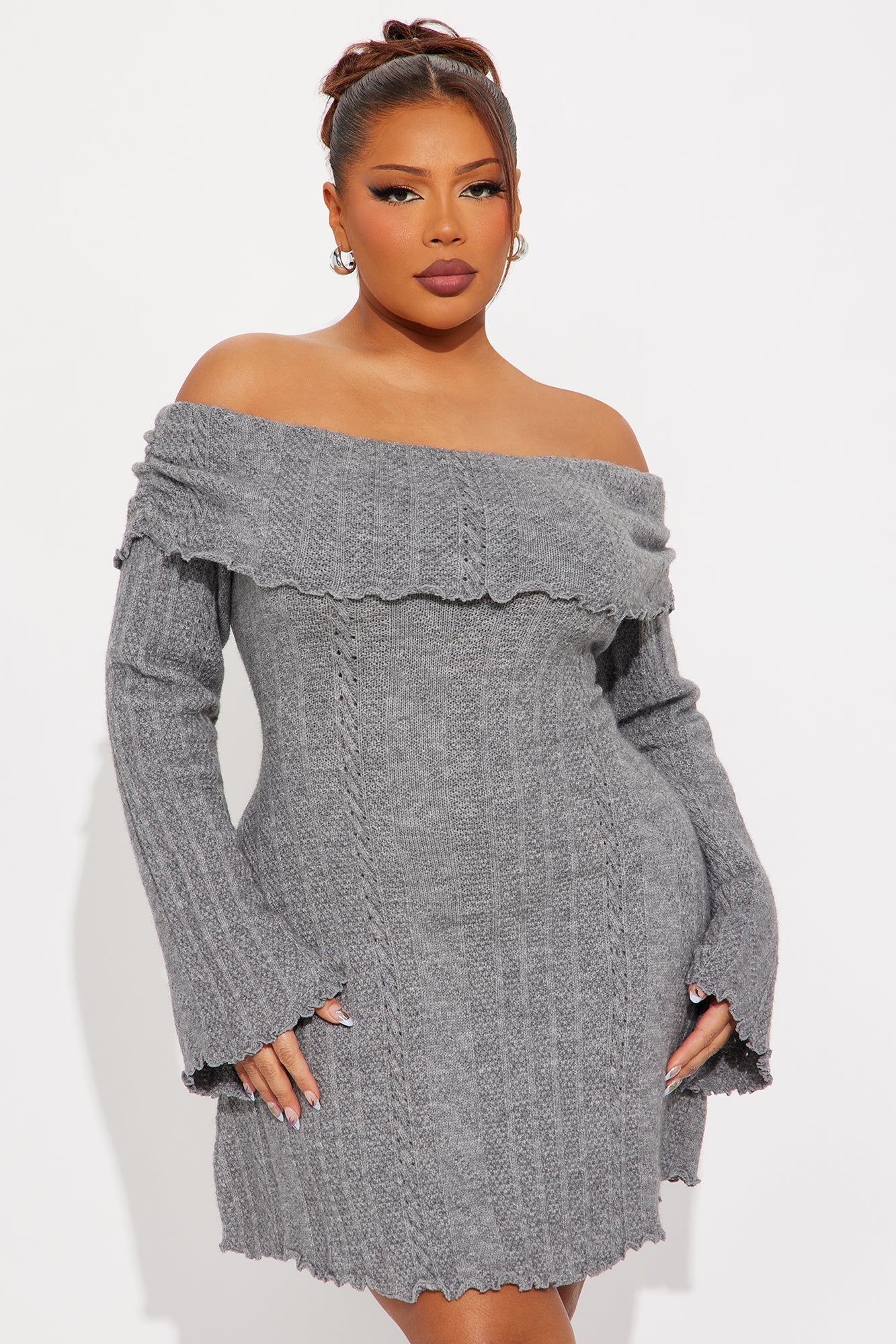Kallie Off Shoulder Sweater Mini Dress - Grey