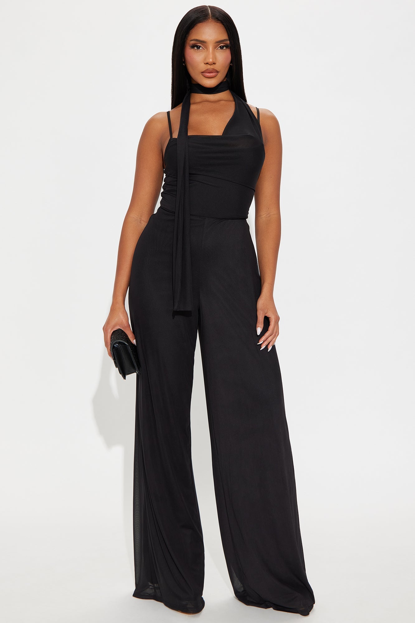 Dahlia Mesh Scarf Wide Leg Jumpsuit - Black