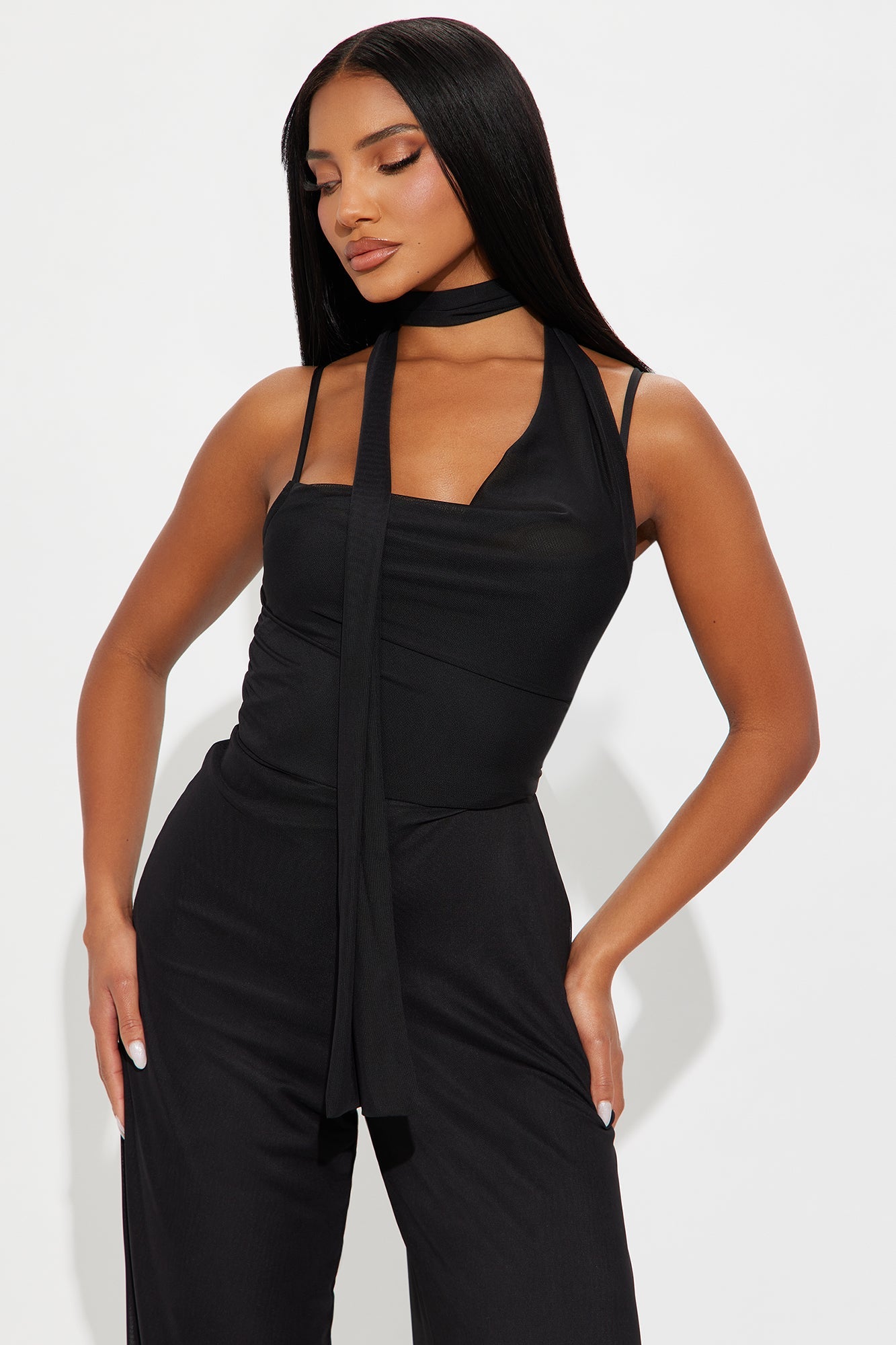 Dahlia Mesh Scarf Wide Leg Jumpsuit - Black