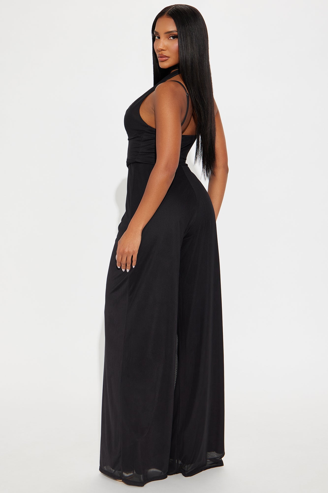 Dahlia Mesh Scarf Wide Leg Jumpsuit - Black