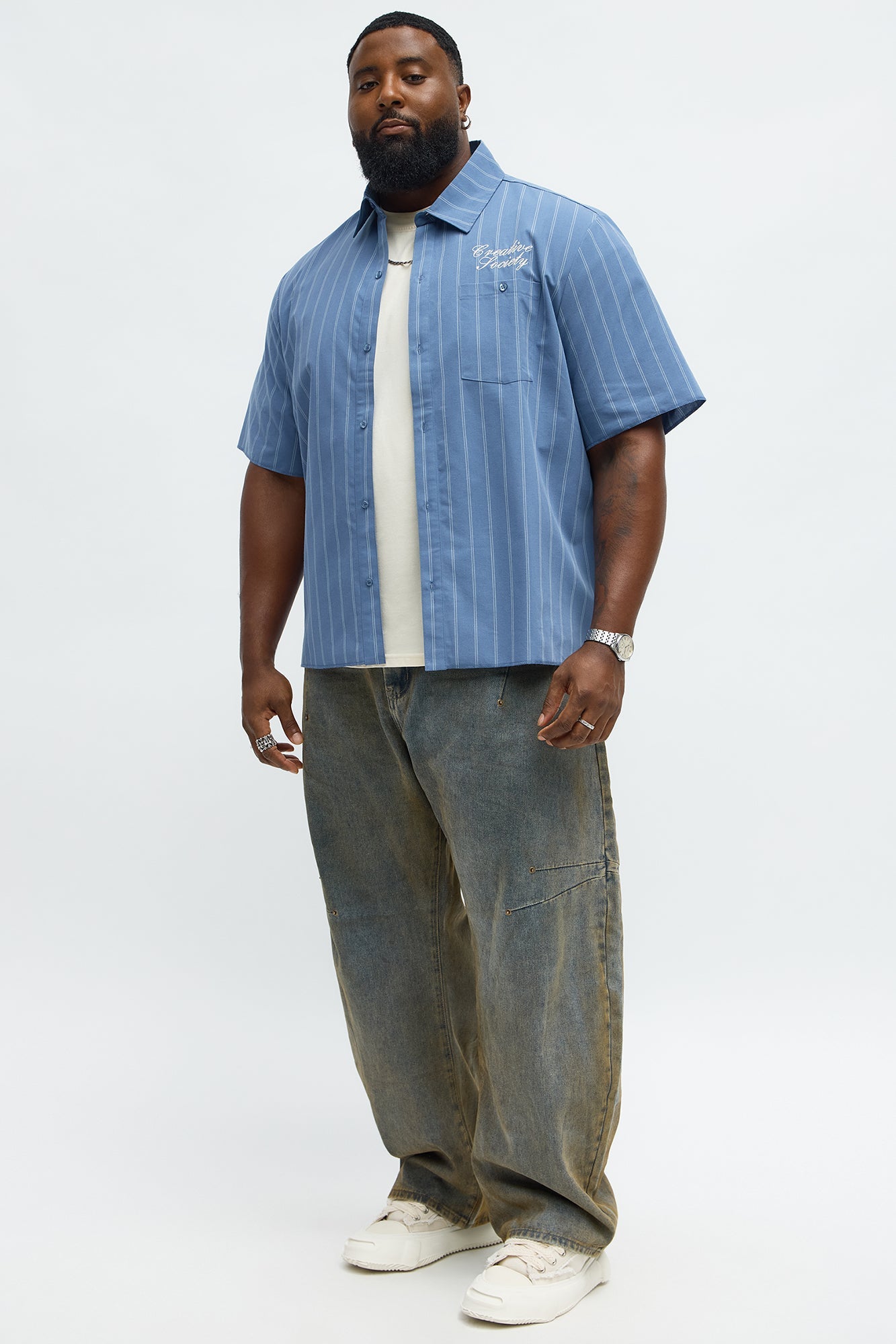 Creative Society Raw Hem Mechanic Button Up Shirt  - Blue