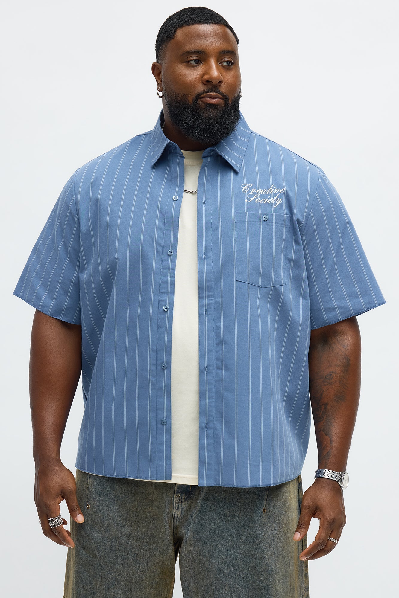 Creative Society Raw Hem Mechanic Button Up Shirt  - Blue