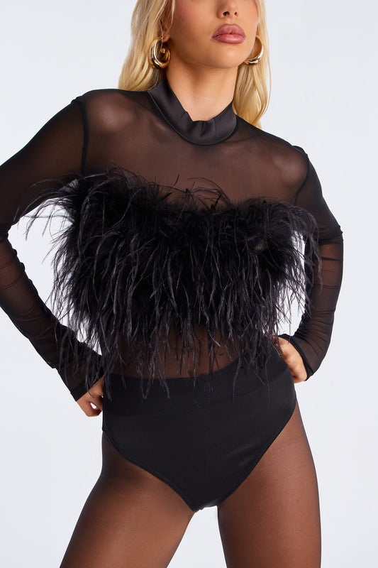 Vegas Fever Feather Trim Mock Neck Bodysuit - Black
