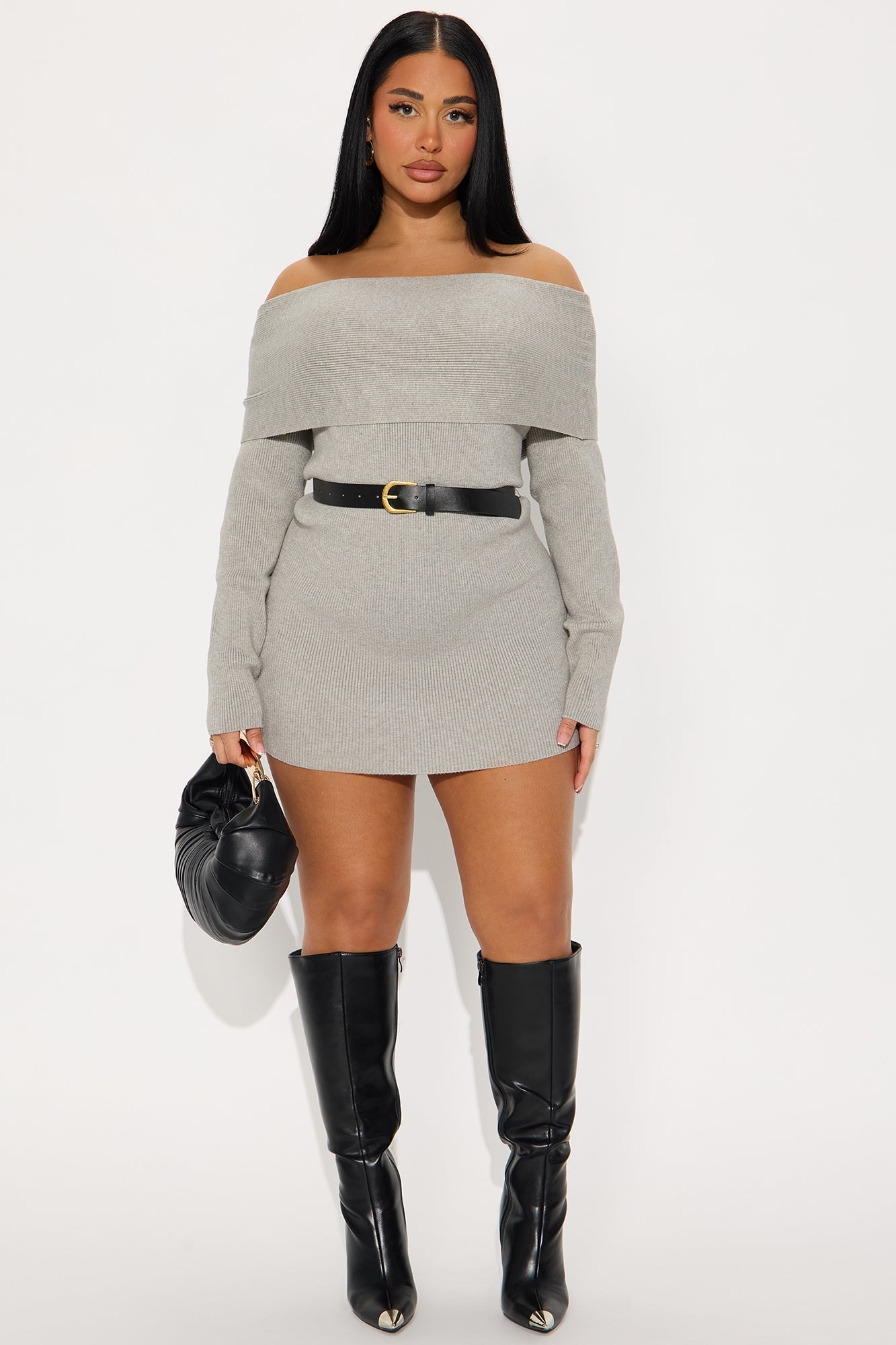 Madeline Off Shoulder Sweater Mini Dress - Grey