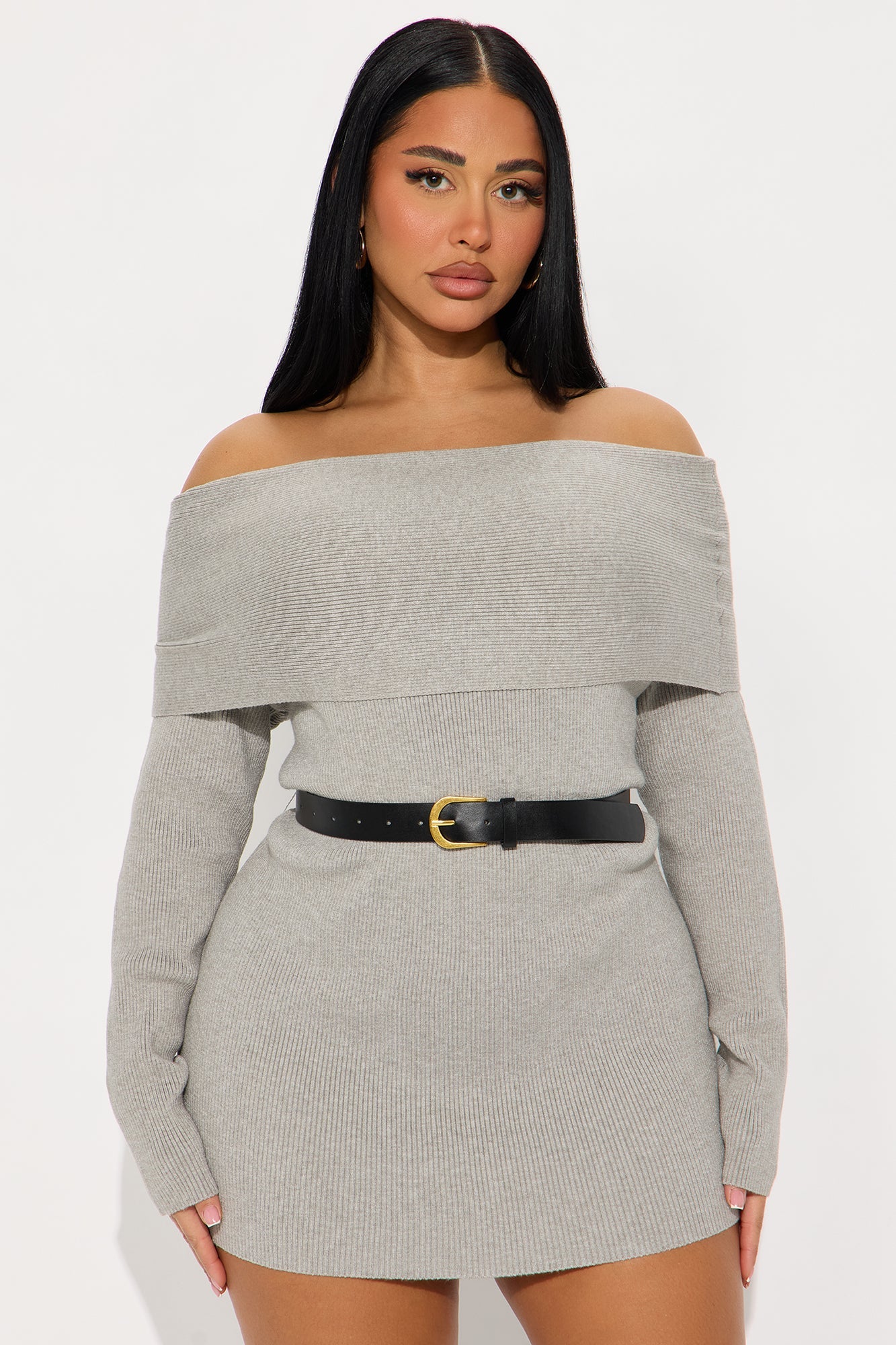 Madeline Off Shoulder Sweater Mini Dress - Grey
