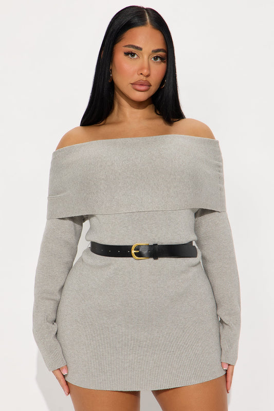 Madeline Off Shoulder Sweater Mini Dress - Grey