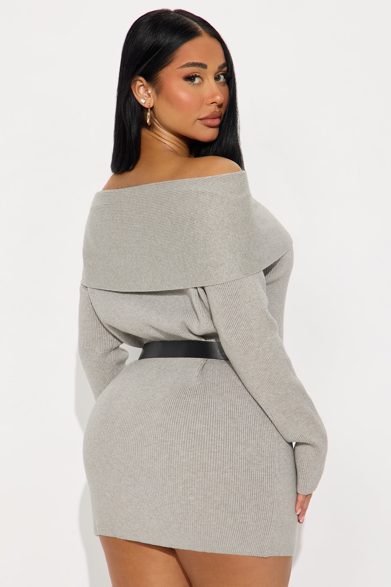 Madeline Off Shoulder Sweater Mini Dress - Grey