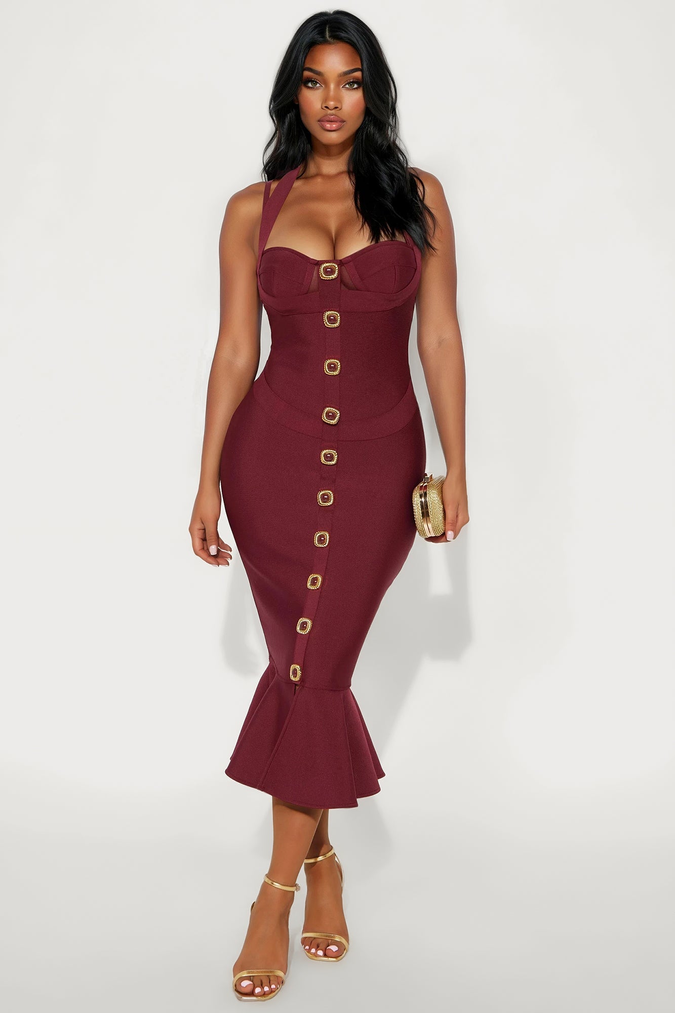 Ailani Mermaid Bandage Midi Dress - Red