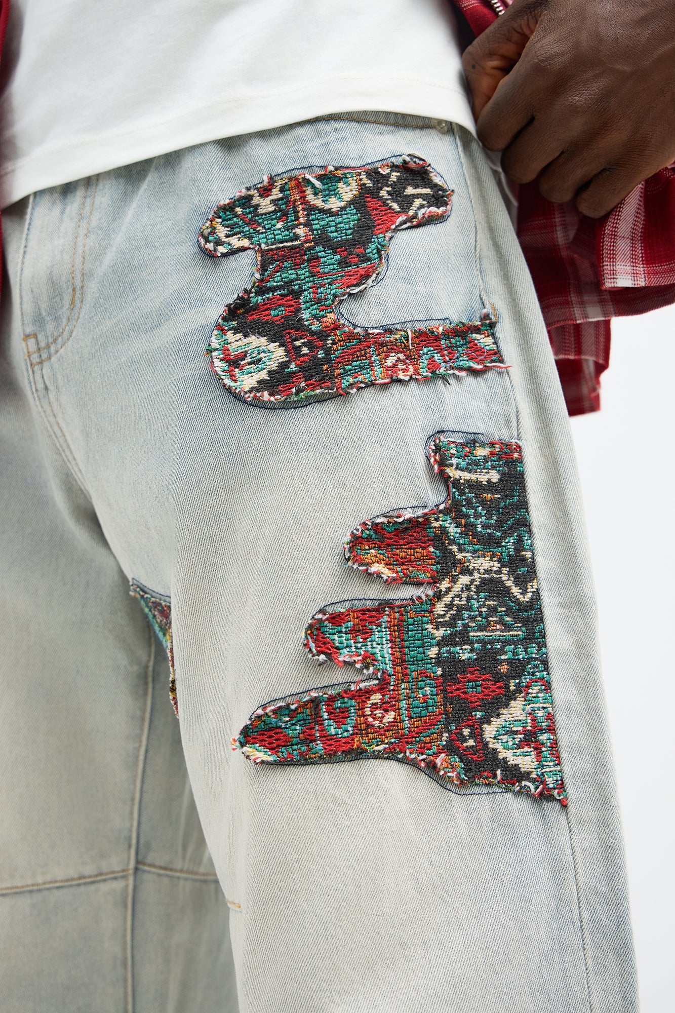 Barrel Patched Tapestry Jeans - Light Blue Wash