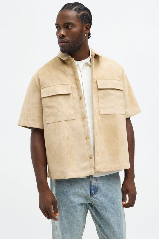 Relaxed Brushed Double Pocket Button Up Shirt - Tan