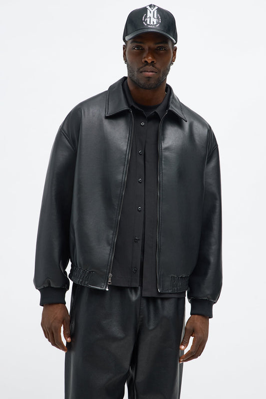 Faux Leather Work Jacket - Black