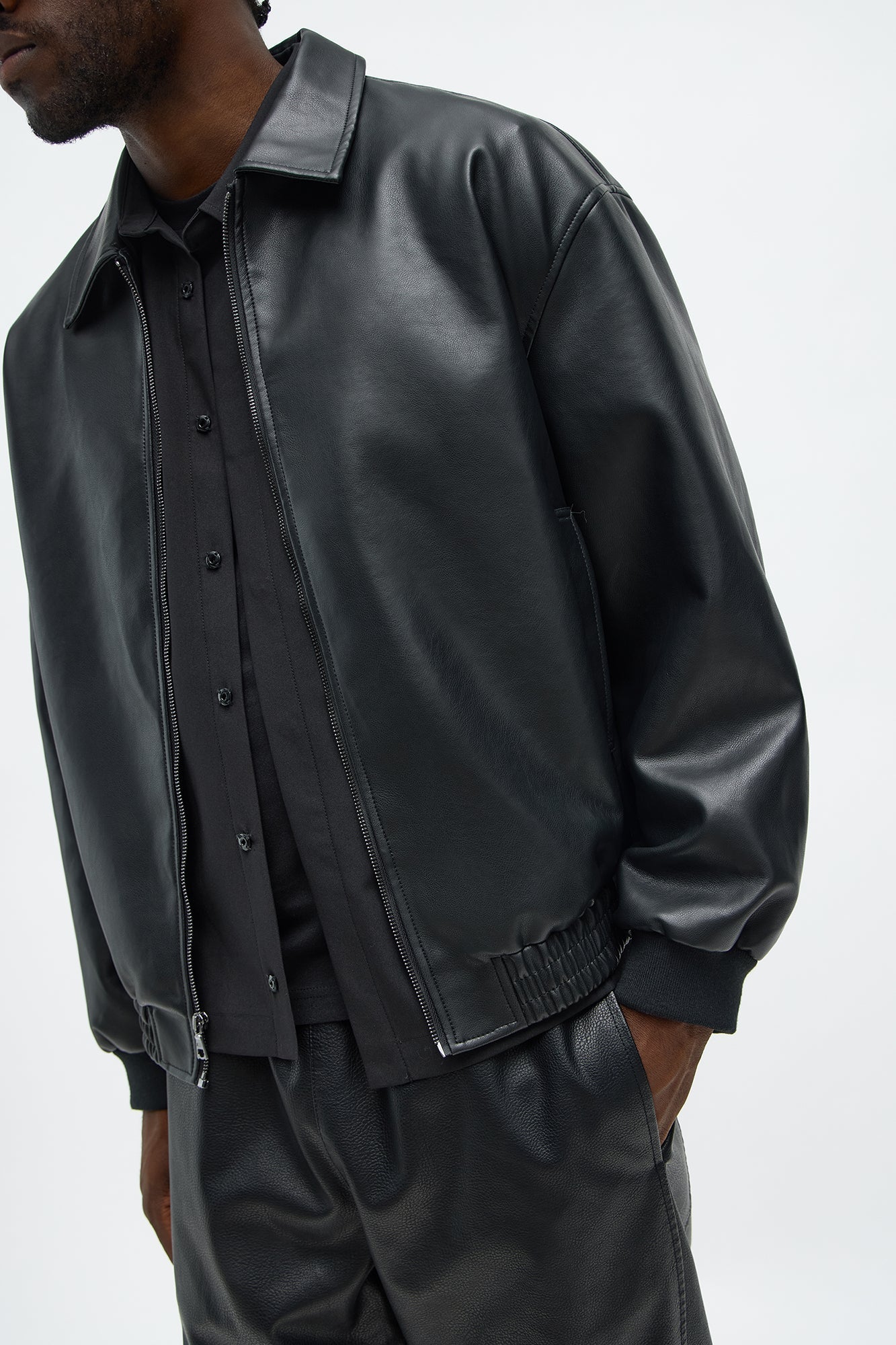 Faux Leather Work Jacket - Black