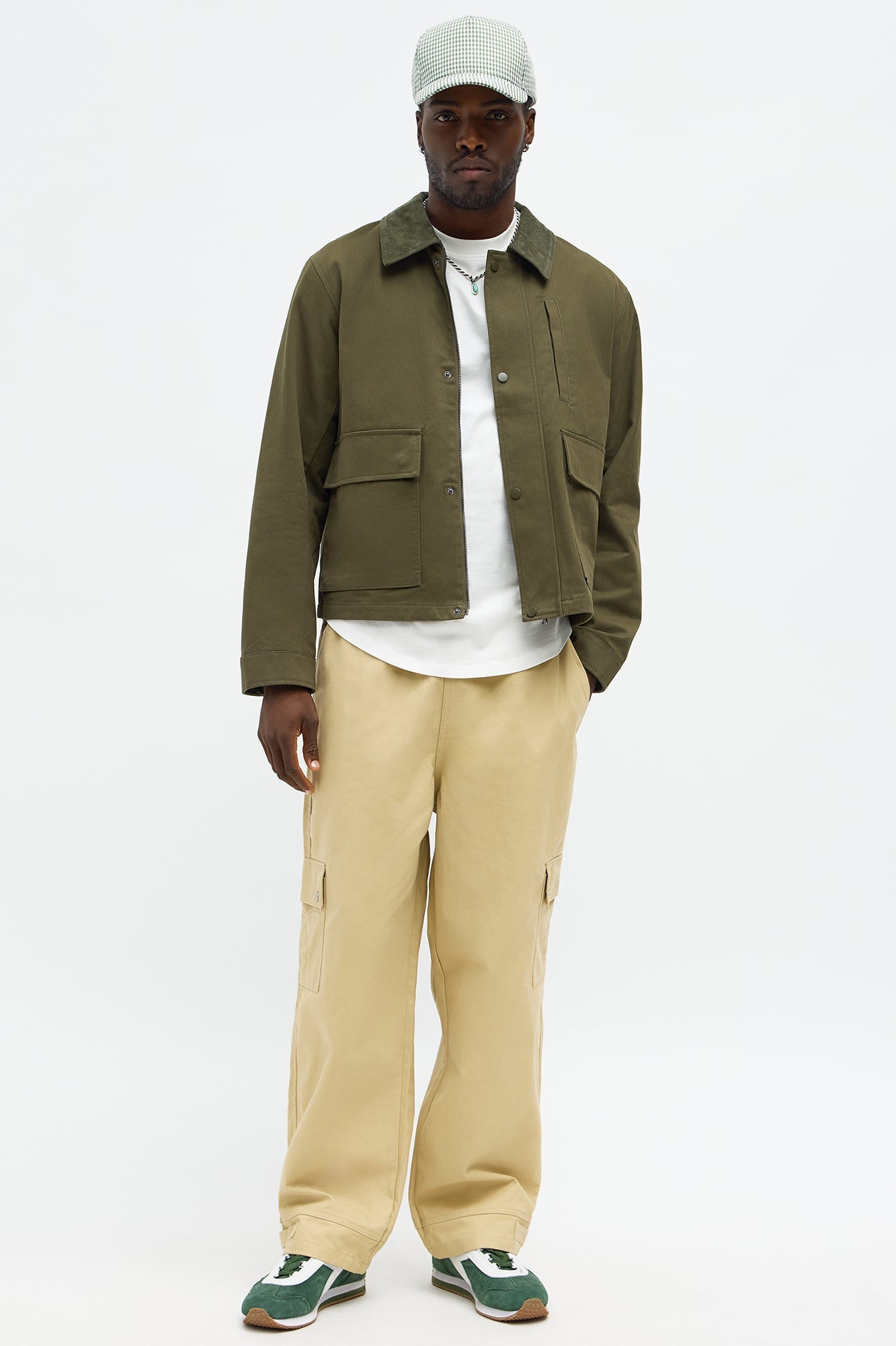 Cropped Utility Corduroy Collar Work Jacket - Olive