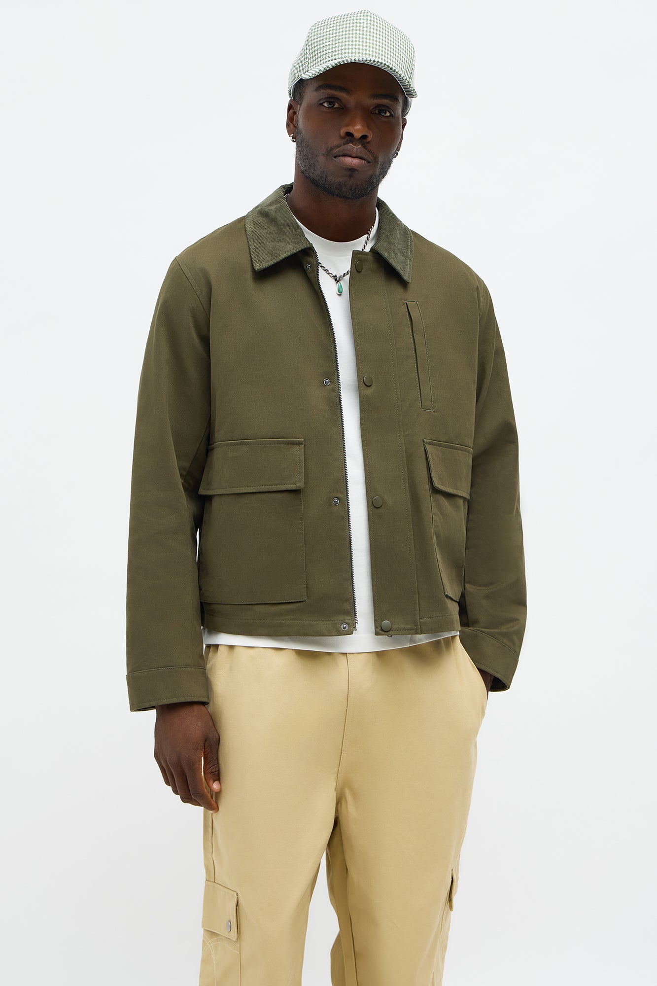 Cropped Utility Corduroy Collar Work Jacket - Olive