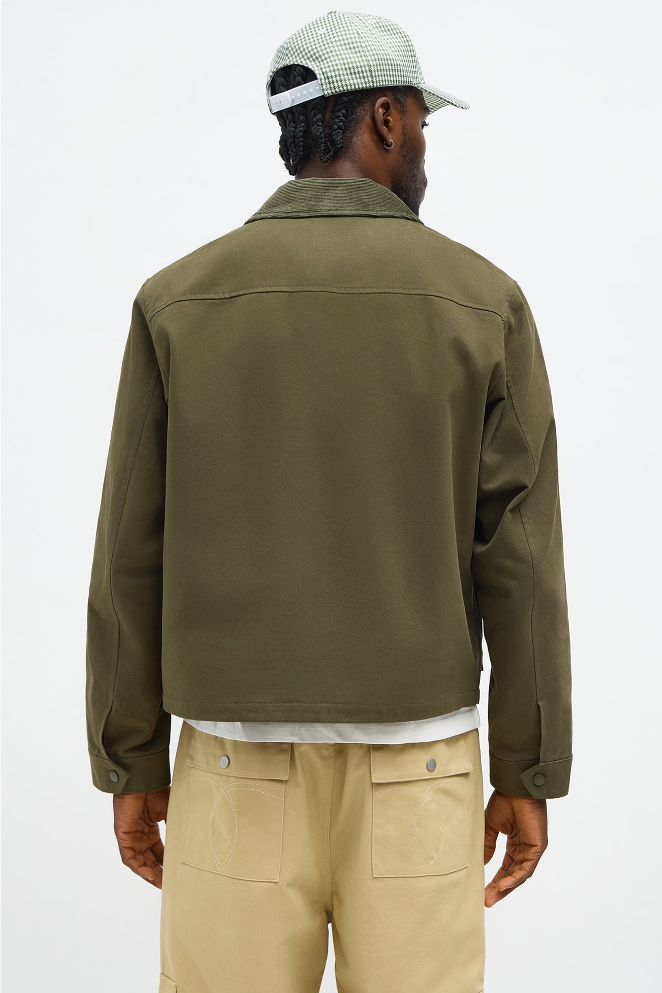 Cropped Utility Corduroy Collar Work Jacket - Olive